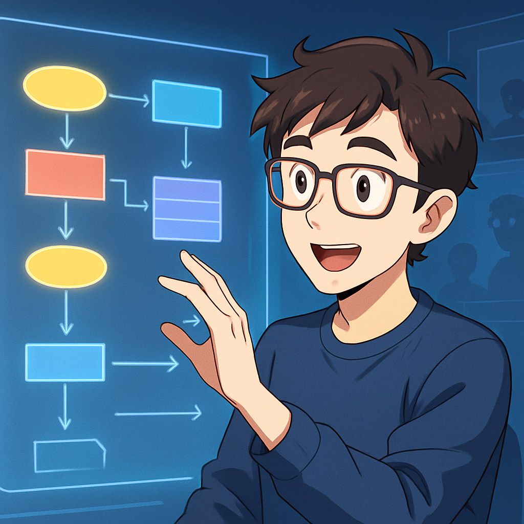 Illustratie in anime-stijl van een man die online UML-diagrammen maakt op een futuristisch touchscreen, met symbolen voor klassen en use cases, omringd door vage contouren die online samenwerking suggereren.