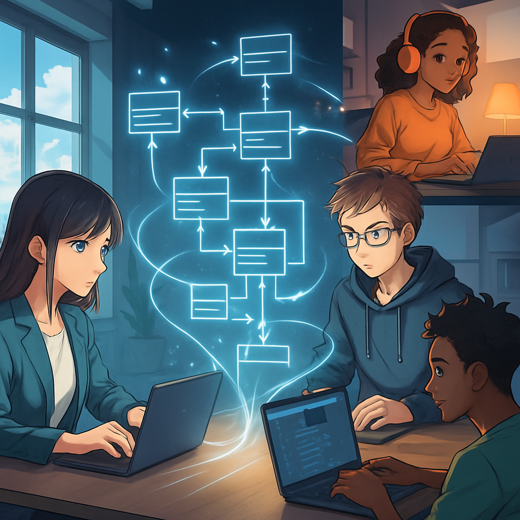 Anime-stijl afbeelding van een divers team van ontwikkelaars dat samenwerkt aan een digitaal UML-diagram op een virtueel whiteboard in de cloud. Sommige teamleden werken vanuit huis, anderen op kantoor, allemaal verbonden via schermen die het diagram tonen met dynamische, real-time updates.