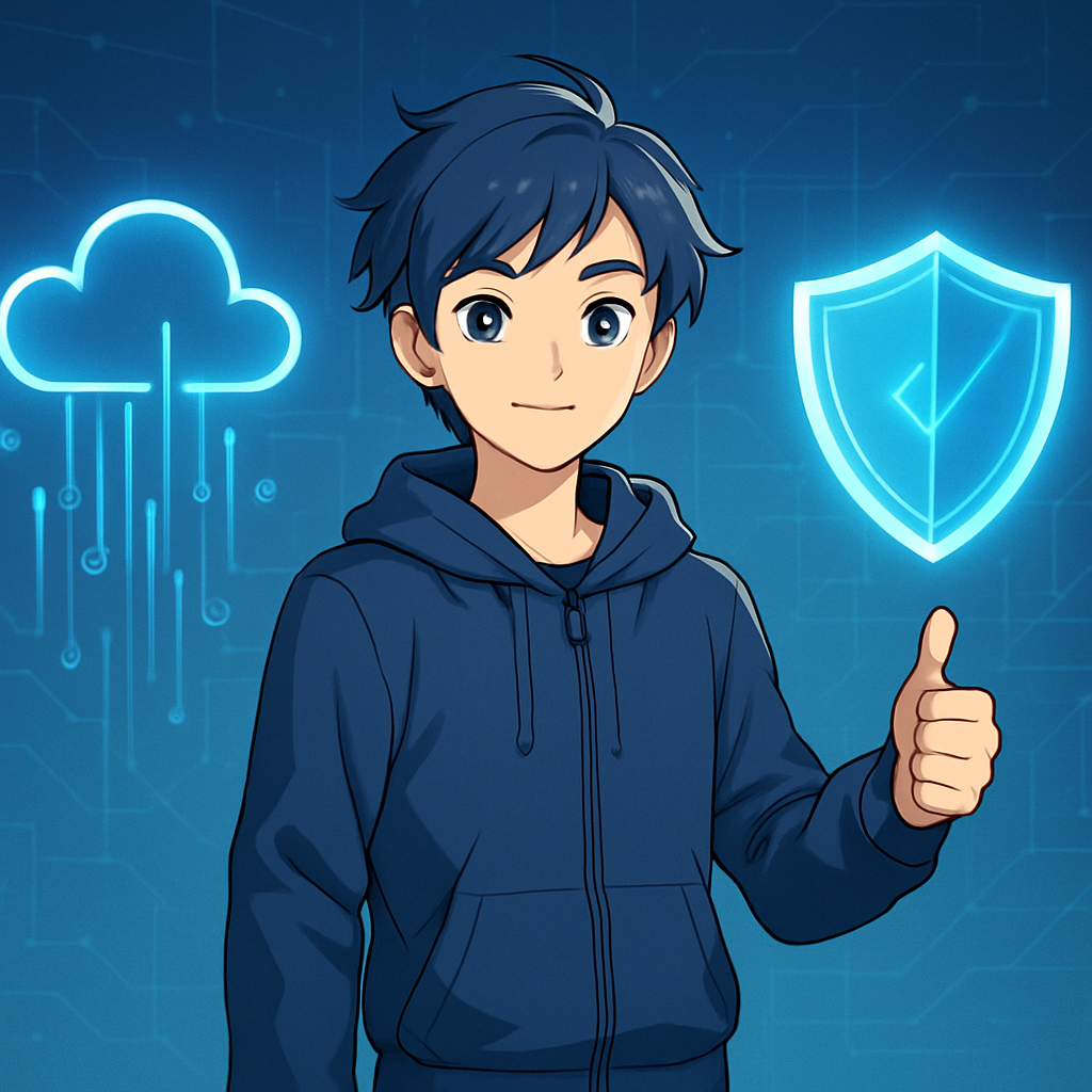 Een anime-stijl illustratie van een persoon die symbool staat voor dataveiligheid. Links is een zwevende wolk met datastromen zichtbaar, wat back-up voorstelt. Rechts een stralend schild, wat beveiliging symboliseert.
