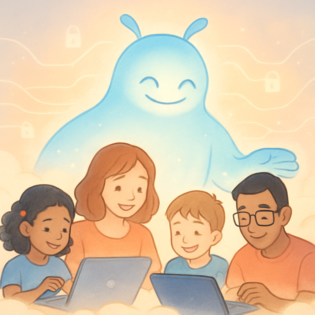 Een anime-stijl illustratie van een vriendelijke, licht robotachtige bewaker die glimlachend een diverse groep mensen (volwassenen en kinderen) in een veilige digitale omgeving met laptops en tablets beschermt. Zachte, gloeiende lijnen suggereren dat data veilig stroomt.