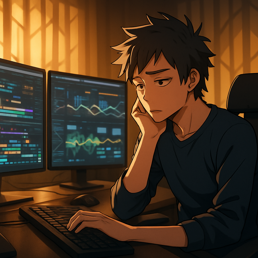 Een anime-stijl afbeelding van een jonge, geconcentreerde persoon die aan een ultramoderne computer werkt, omgeven door geavanceerde hardware en subtiele gouden lichtpatronen die een 'gouden kooi' voorstellen.