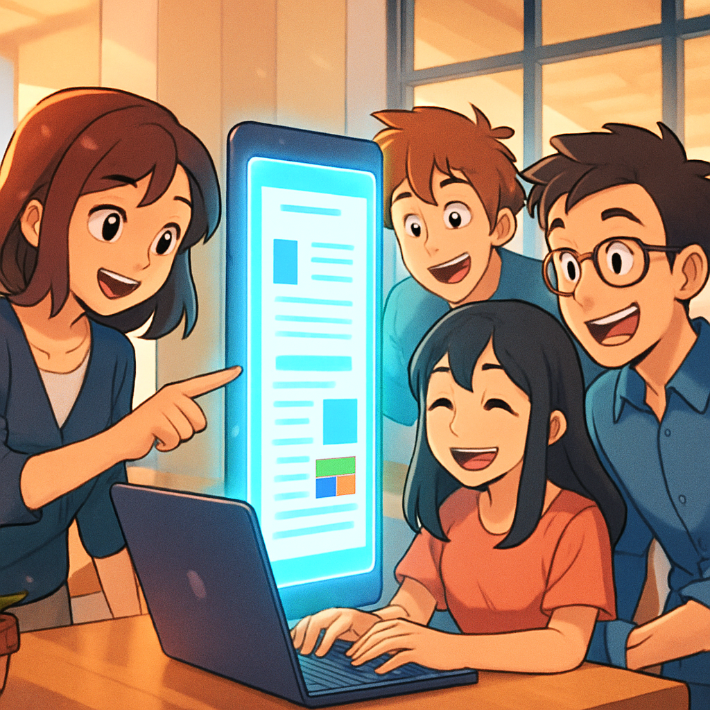 Een illustratie in anime-stijl van drie mensen die samenwerken aan een digitaal document op een groot scherm. Ze lachen en zien hoe hun gezamenlijke aanpassingen in realtime worden weergegeven, wat een gevoel van efficiëntie en plezier overbrengt.