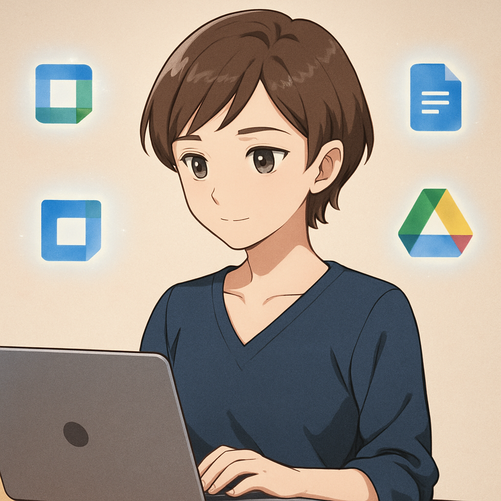 Een anime-stijl illustratie van een vrouw met kort haar die kalm en geconcentreerd achter een laptop werkt. Om haar heen zweven minimalistische, gloeiende iconen die Google Workspace-apps zoals Agenda, Drive en Documenten voorstellen, symboliserend voor slimme en stressvrije productiviteit.