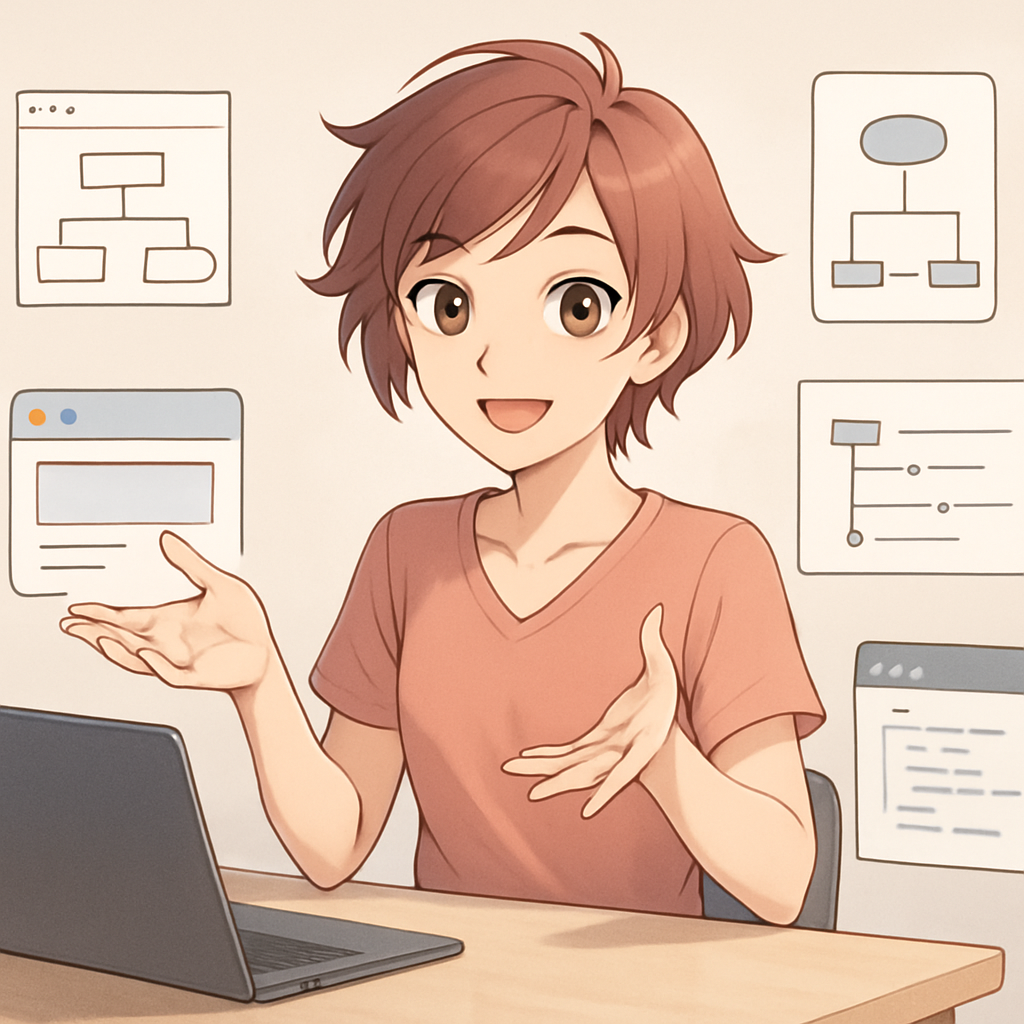 Een anime-stijl afbeelding van Sofie Hu aan een bureau, omringd door verschillende zwevende UML-diagrammen en pictogrammen die online tools zoals diagrams.net, Lucidchart en PlantUML voorstellen.