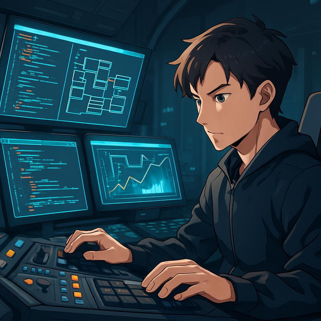 Een anime-stijl illustratie van een geconcentreerde ontwikkelaar in een hightech cockpit, omringd door schermen met databasecode en datavisualisaties, symboliserend de controle over SQL Server Management Studio.