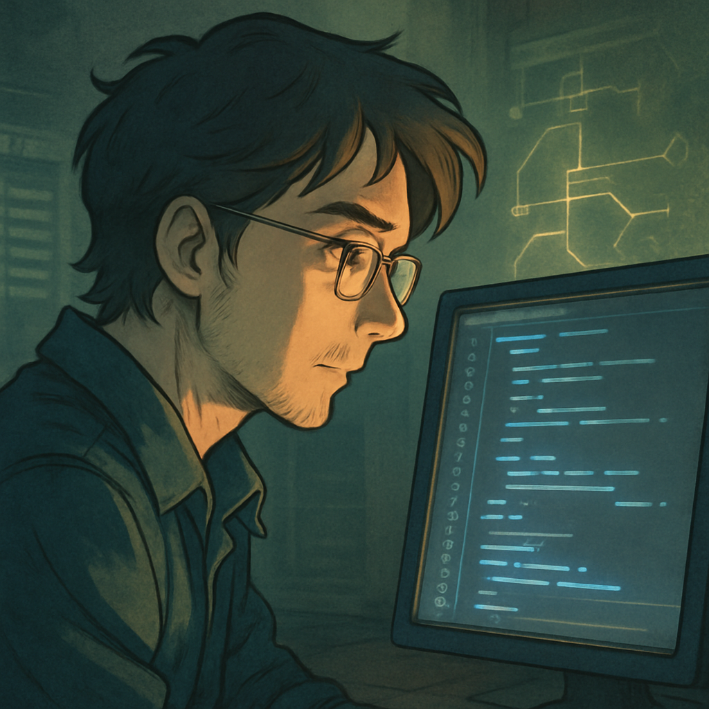 Een anime-stijl afbeelding van een geconcentreerde persoon die voor een computerscherm zit. Het scherm toont code in een query-editor, visuele 'shaders' van een execution plan, en een boomstructuur van de object explorer.