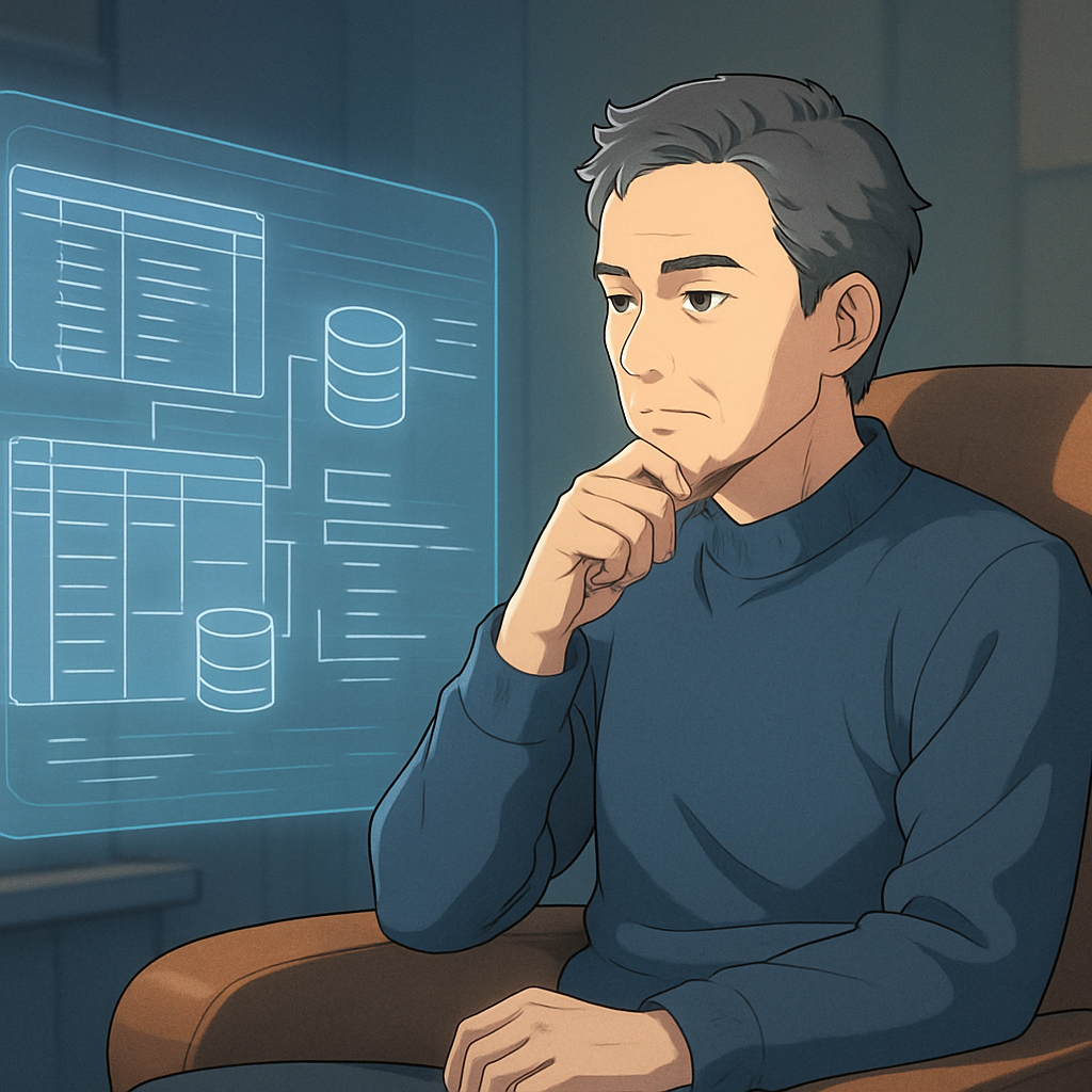 Een rustige, ervaren database-professional zit voor een holografisch scherm met gestileerde database-queries en schema's, een metafoor voor de controle en betrouwbaarheid van SQL Server Management Studio.