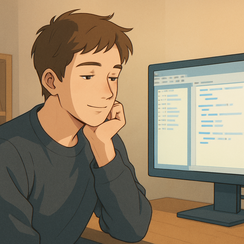 Een geanimeerde afbeelding van een man die geconcentreerd naar een computerscherm kijkt waarop een databasebeheerinterface te zien is. De man heeft een rustige uitstraling.