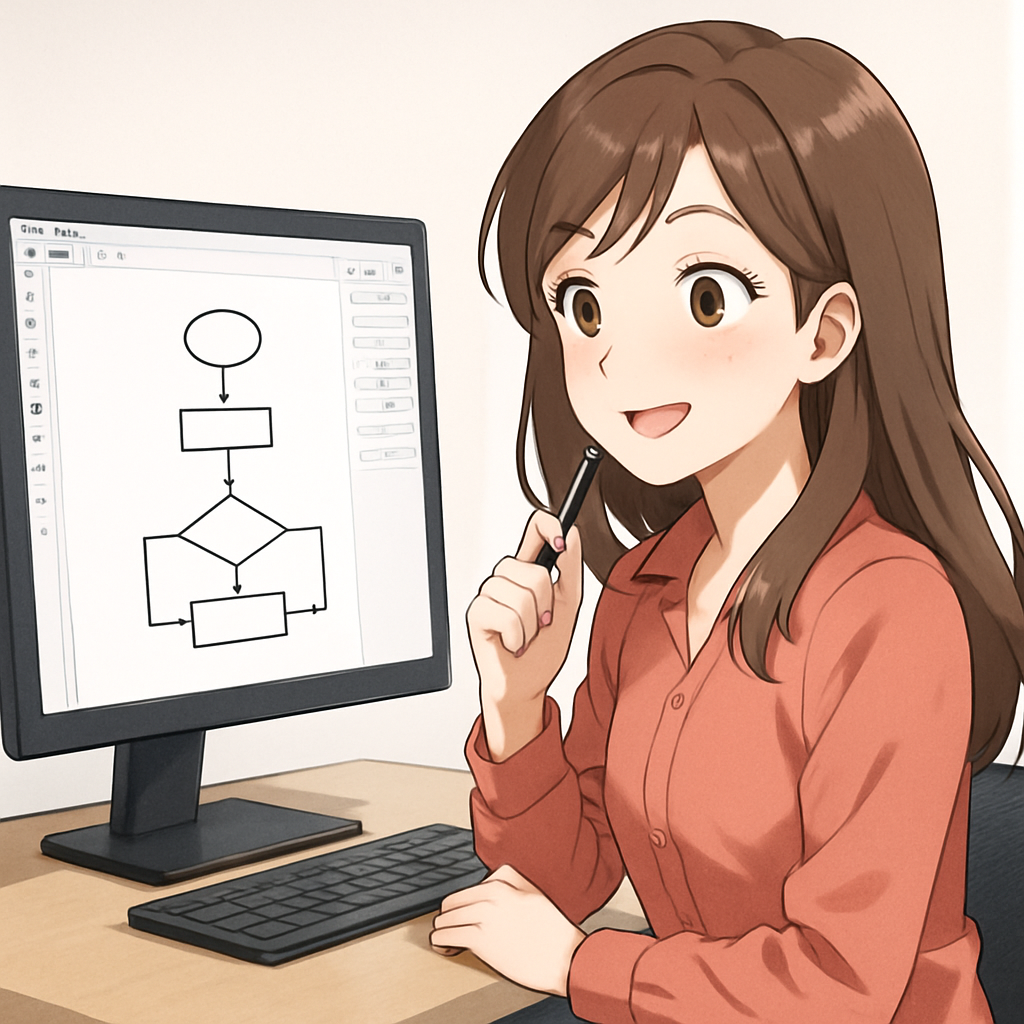 Een vrolijke, anime-stijl vrouw die een eenvoudig UML diagram op haar computerscherm bekijkt, terwijl ze aantekeningen maakt. Het diagram is duidelijk en maakt gebruik van basisvormen en pijlen, wat het starten met visualiseren symboliseert.