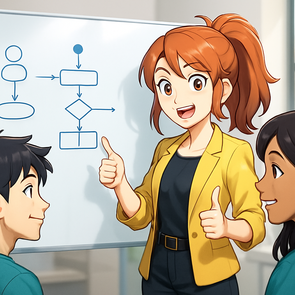 Een anime-stijl illustratie van een jonge, enthousiaste vrouw die drie eenvoudige UML diagrammen (Use Case, Activity, Class) uitlegt op een whiteboard aan twee collega's, wat leidt tot wederzijds begrip en samenwerking.