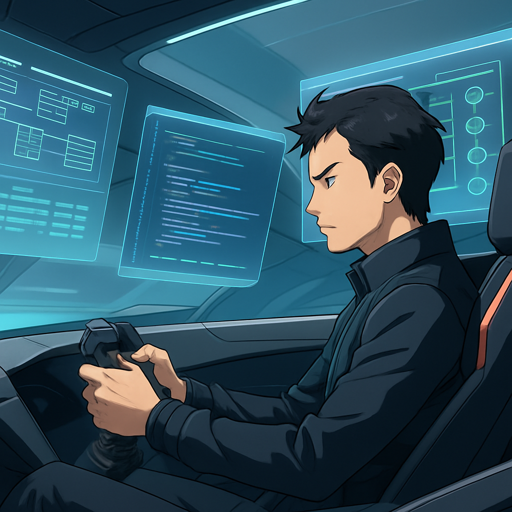 Een anime-stijl afbeelding van een ontwikkelaar in een moderne racecockpit. Virtuele schermen tonen respectievelijk een databaseschema, programmeercode en een CI/CD-pipeline, wat de naadloze integratie van ontwikkeltools visualiseert.
