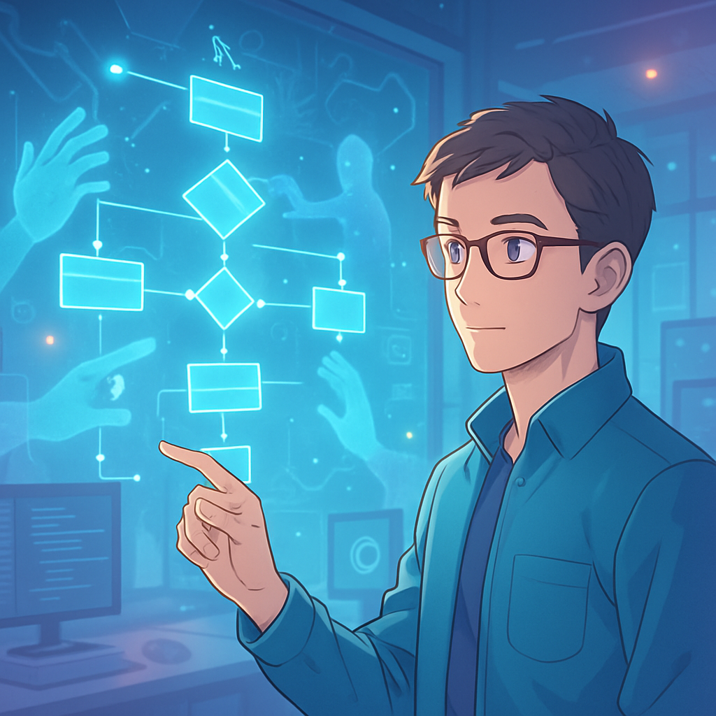 Een anime-illustratie van een software-architect die voor een holografisch UML-diagram staat, omringd door elementen die AI-generatie, real-time samenwerking en integratie met ontwikkeltools symboliseren.