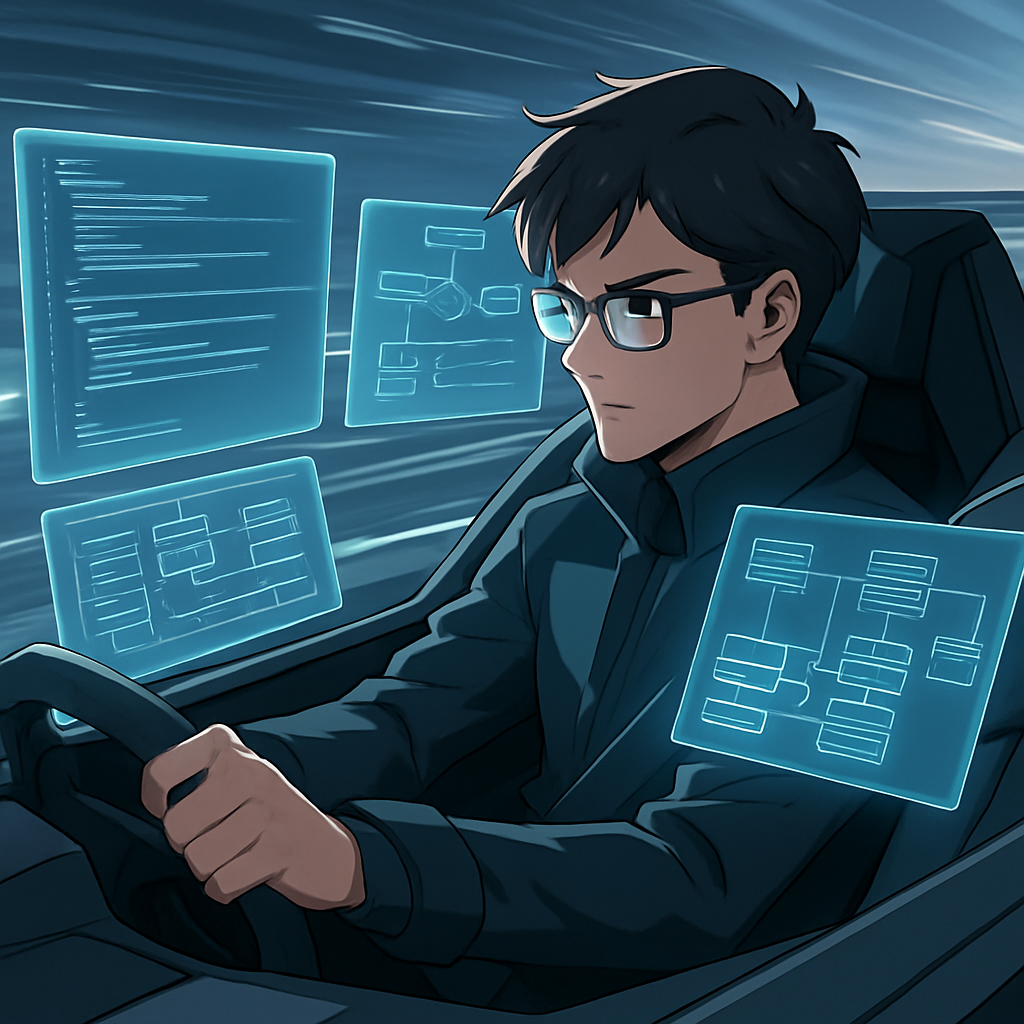 Een anime-stijl afbeelding van een ontwikkelaar in een futuristische cockpit met holografische schermen die code, CI/CD pipelines en databases tonen, met een racebaan op de achtergrond, symboliserend snelle en competitieve softwareontwikkeling.