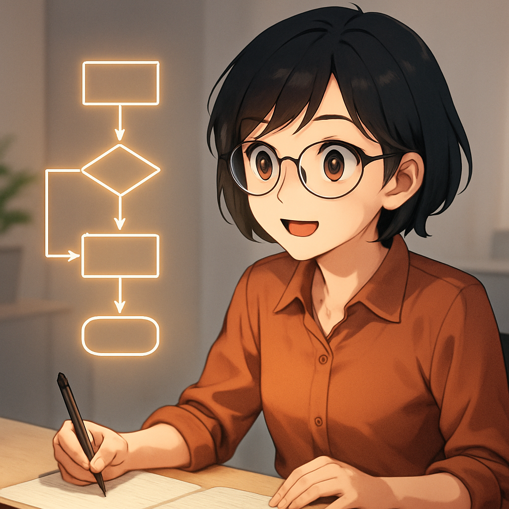 Een anime-achtige afbeelding van een jonge vrouw die met een glimlach kijkt naar een helder, holografisch UML-activiteitendiagram dat voor haar zweeft, wat structuur en inzicht symboliseert.