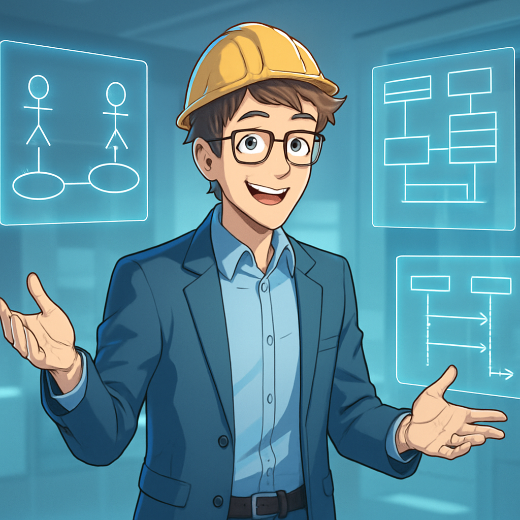 Een jonge, mannelijke architect in anime-stijl, glimlachend en vol ideeën, staat in een digitale omgeving omringd door holografische UML-diagrammen (Use Case, Class, Sequence) die hij aanwijst, symboliserend de planning en structuur van softwareprojecten.