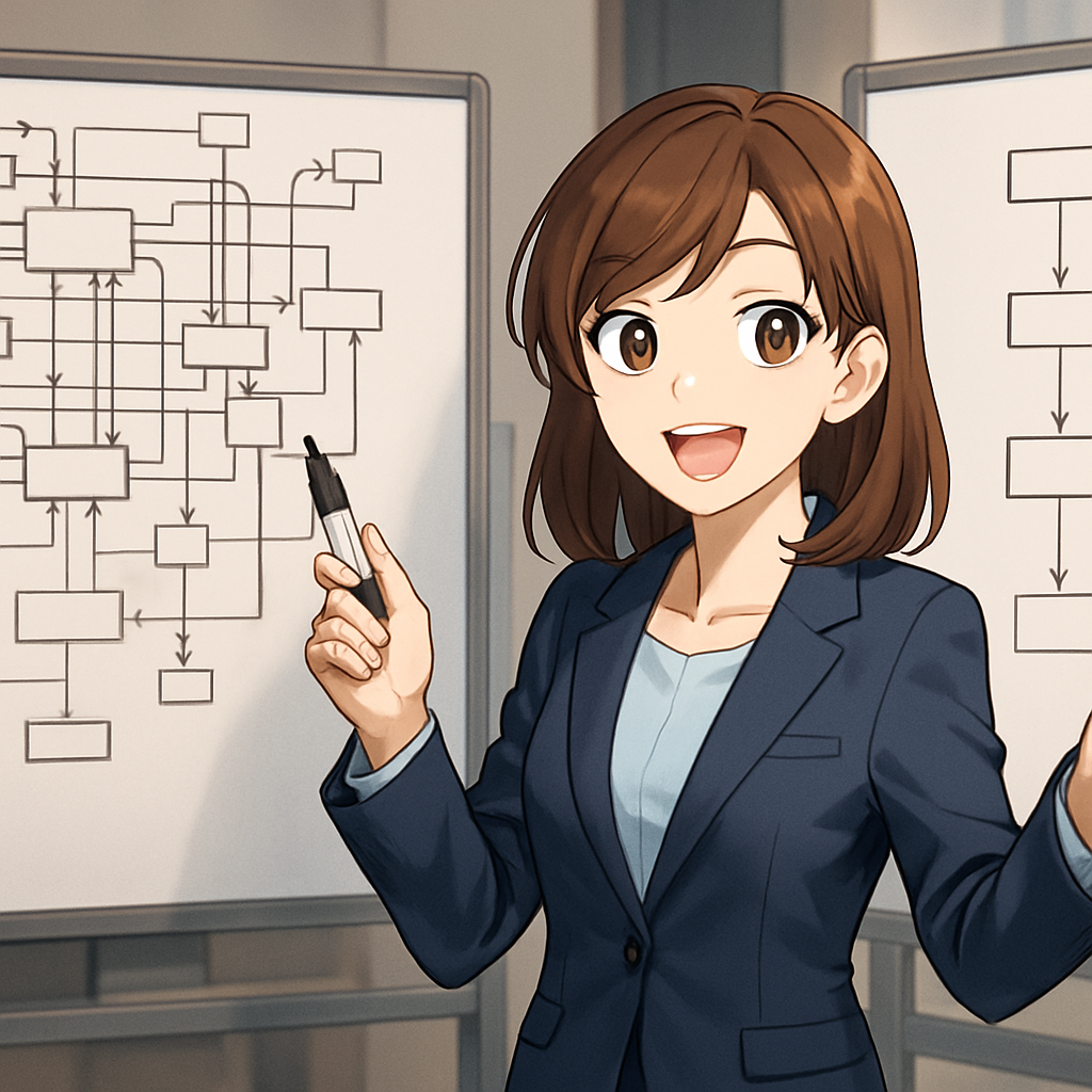 Een anime-stijl illustratie van een vrolijke professional die wijst naar een vereenvoudigd UML-diagram op een whiteboard, contrasterend met een complexer diagram ernaast, wat het belang van eenvoud en helderheid benadrukt.