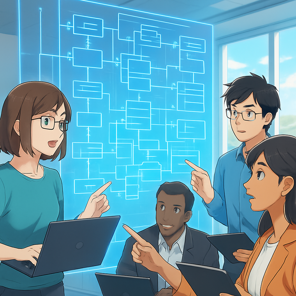 Een anime-stijl afbeelding van een team van softwareontwikkelaars die samenwerken aan een virtuele projectie van een UML-diagram. Ze staan rondom het diagram en gebruiken digitale apparaten om wijzigingen aan te brengen, wat de online samenwerkingsvoordelen van UML-tools illustreert.