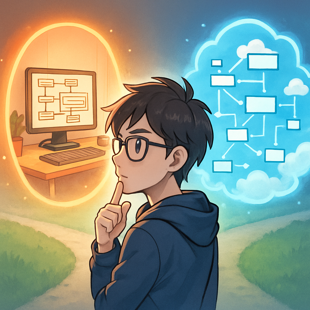 Een anime-stijl afbeelding van een jonge ontwikkelaar die nadenkt over de keuze tussen offline (een desktop met lokaal UML-diagram) en online (een wolk van samenwerkende UML-elementen) tools.