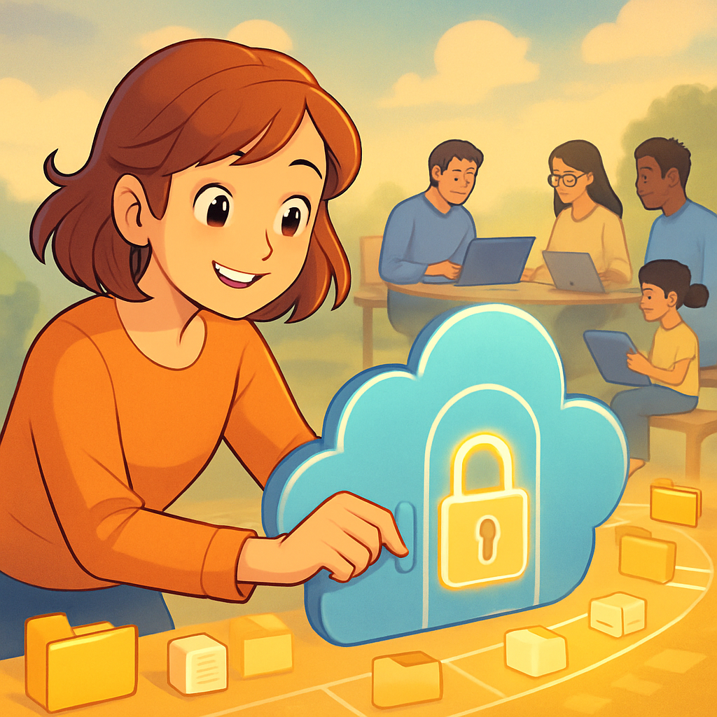Een anime-stijl illustratie van een vrolijke vrouw die een digitale wolkopslag afsluit met een hangslot, terwijl georganiseerde mappen en bestanden om haar heen zweven. Op de achtergrond werken mensen samen en een ouder begeleidt een kind, wat een veilige en efficiënte werkomgeving symboliseert.