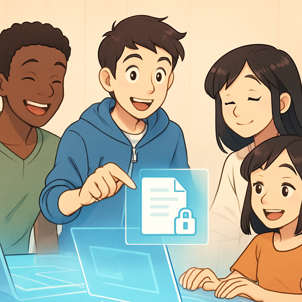 Een anime-illustratie van een groep lachende mensen die samenwerken in een schone, georganiseerde digitale omgeving. Eén persoon deelt een document veilig met een klein hangsloticoon, terwijl anderen ontspannen en blij meekijken, wat een gevoel van beschermde en leuke samenwerking uitstraalt.