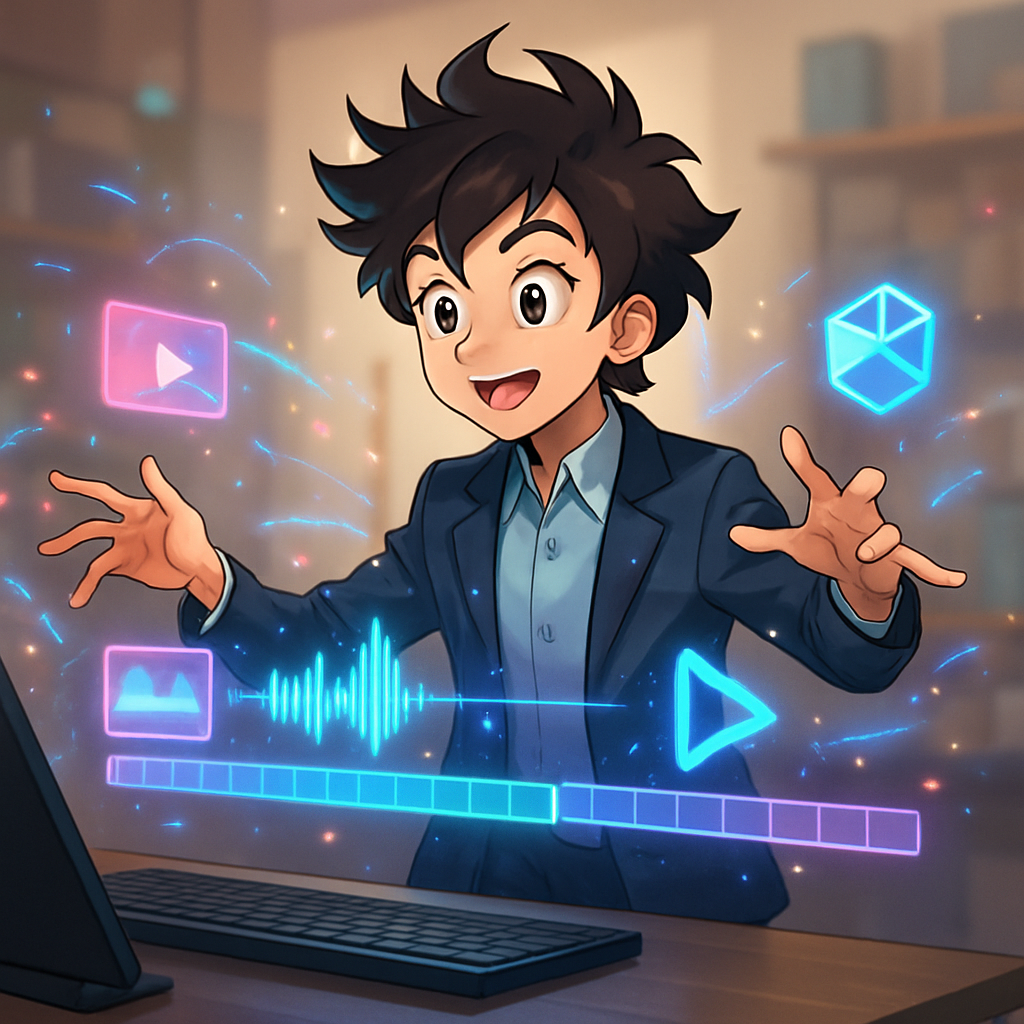 Een anime-personage staat voor een futuristisch videoscherm, gebaren makend als een dirigent, omringd door holografische projecties van videofragmenten, audiogolven, een logo en een 3D-model.