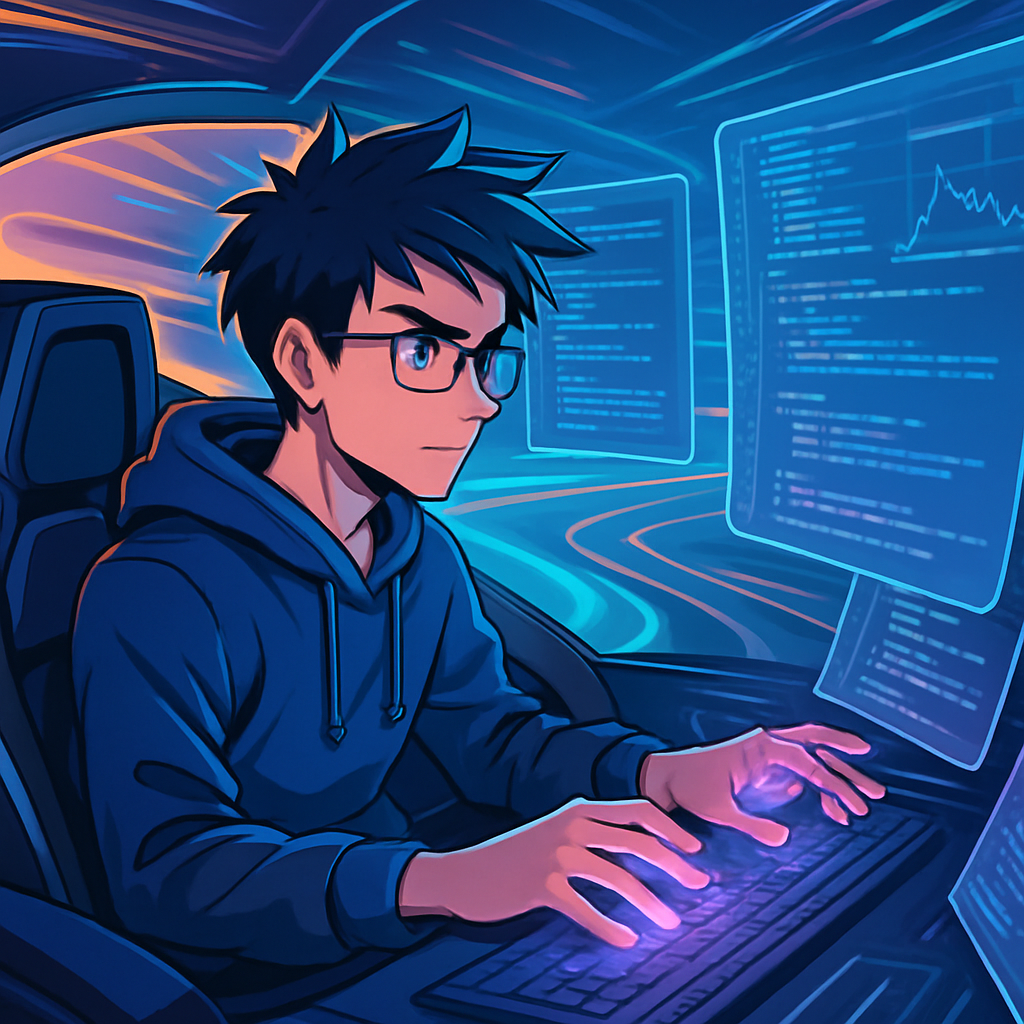 Anime-illustratie van een ontwikkelaar in een futuristische codeercockpit, omringd door schermen met code, symboliserend de efficiëntie en intelligentie van Visual Studio 2022.