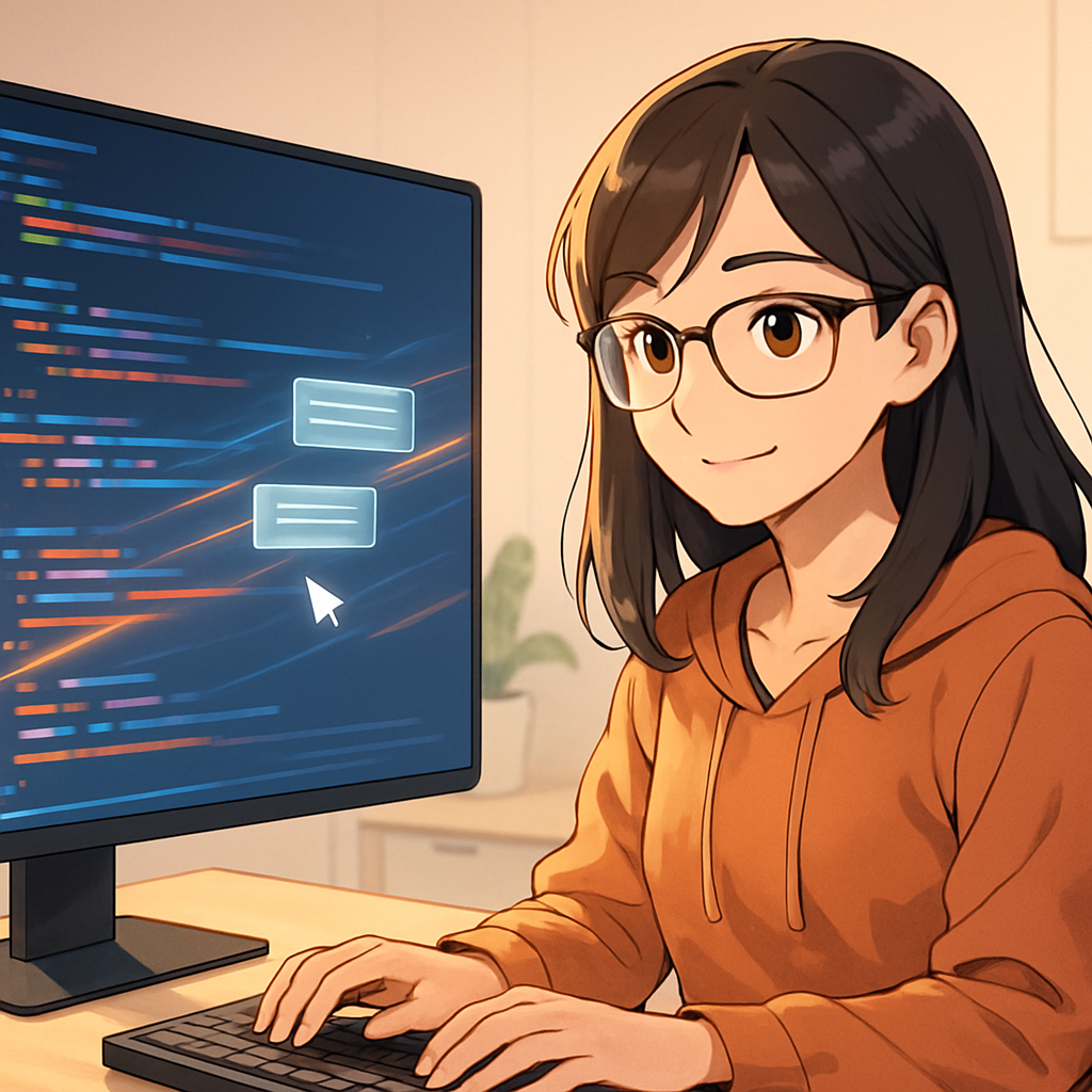Anime-stijl afbeelding van een vrouwelijke ontwikkelaar die geconcentreerd werkt op haar computer. De monitor toont dynamische code met gloeiende lijnen die snelheid en efficiëntie symboliseren. Suggesties van AI-assistentie zweven naast de code, en de algehele sfeer is die van naadloze creativiteit en productiviteit in een opgeruimde werkruimte.
