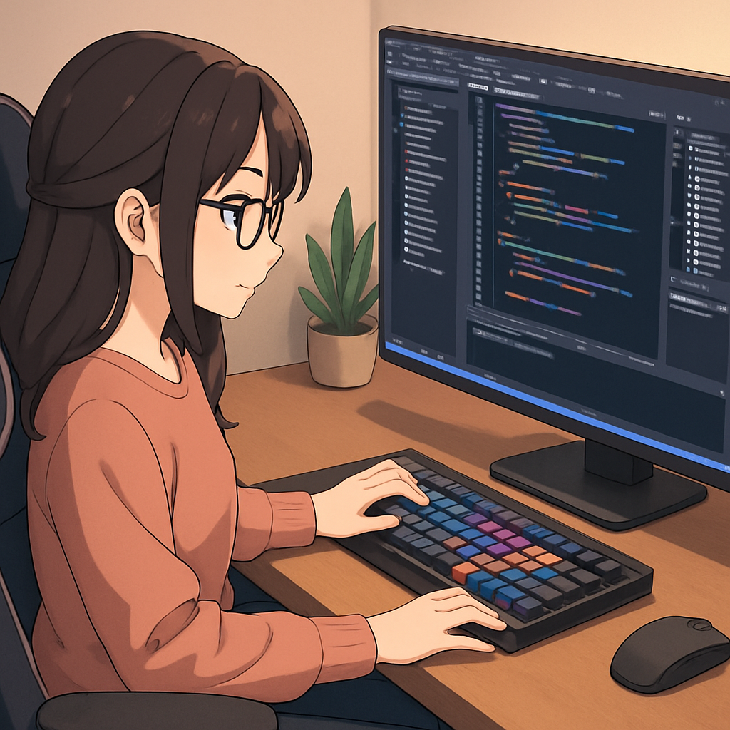 Een anime-illustratie van een jonge ontwikkelaar die geconcentreerd codeert voor een scherm met een zeer gepersonaliseerde IDE, inclusief donker thema en georganiseerde vensters.