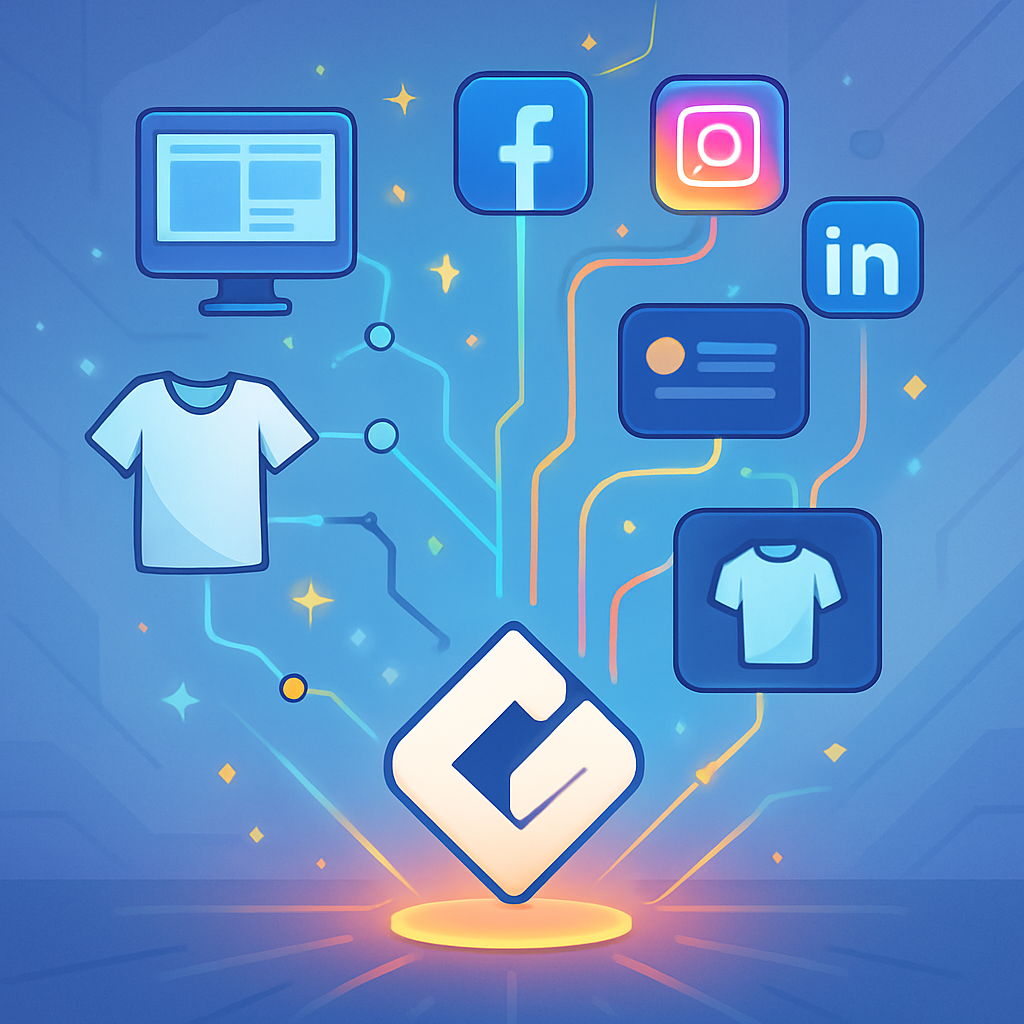 Een anime-stijl illustratie van een glanzend, modern logo dat fungeert als fundament. Hieruit stralen verbindingen uit naar symbolen voor een website, social media, visitekaartjes en merchandise, wat de opbouw van een complete visuele identiteit en consistentie symboliseert.