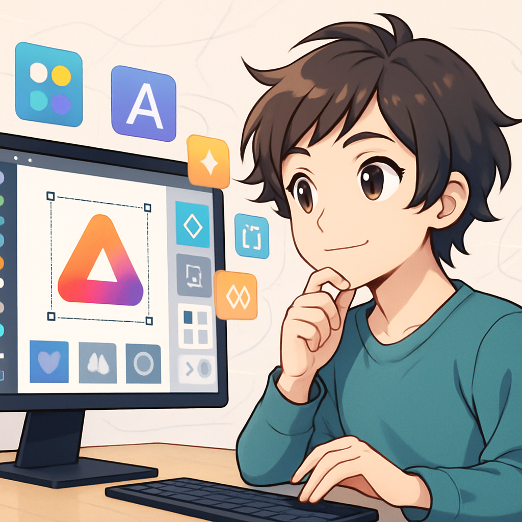 Een jonge anime-stijl ontwerper zit voor een scherm waarop een professioneel logo wordt gecreëerd. Rondom het hoofd van de ontwerper zweven iconen, sjablonen en lettertypen, wat het creatieve proces en de toegankelijkheid van tools zoals DesignEvo symboliseert.