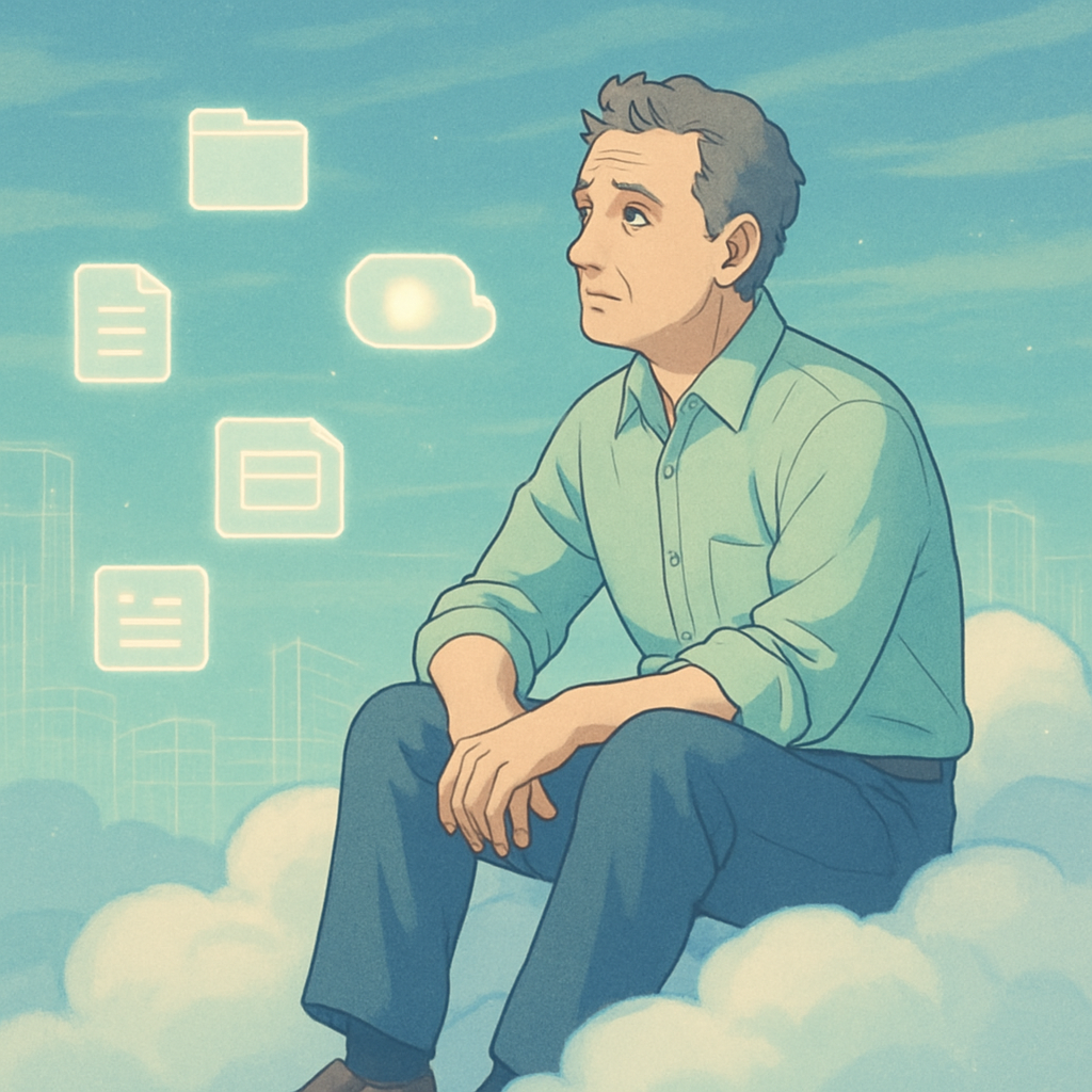 Een anime-stijl illustratie van een man die rustig op een zachte wolk zit, omringd door zwevende digitale bestanden. De achtergrond toont een zachte netwerkstructuur en een heldere horizon, symboliserend de flexibiliteit en veiligheid van cloudopslag.