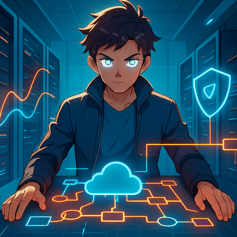 Een anime-stijl illustratie van een jonge, gefocuste strateeg in een high-tech serverruimte, omringd door holografische dataweergaven die efficiëntie en controle symboliseren.