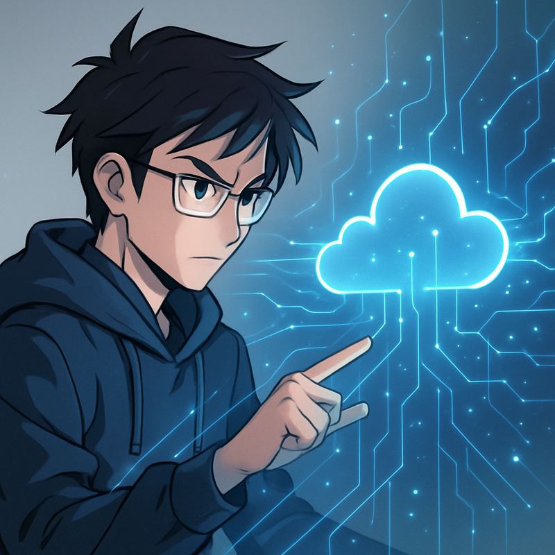 Een anime-stijl personage dat geconcentreerd een lichtgevend, virtueel cloudnetwerk beheert, met symbolen van dataflow en schaalbaarheid.