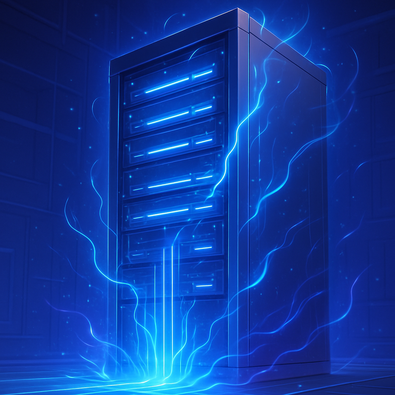 Een gestileerde, anime-achtige weergave van een serverrack dat oplicht met data stromen, symboliserend de hoge prestaties en lage latency van een Cloud VPS.