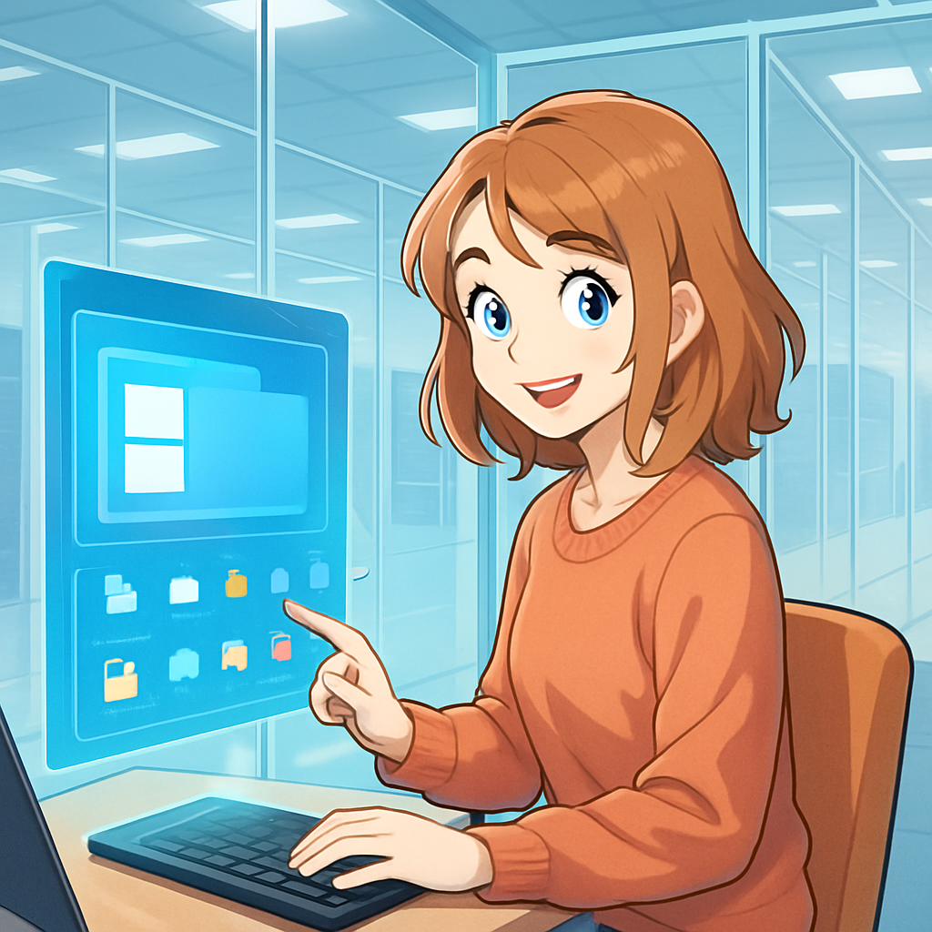 Een vrolijk ogende anime-vrouw zit in een transparante, individuele digitale kamer. Ze glimlacht terwijl ze een Windows-interface bedient op een holografisch scherm. Op de achtergrond zijn meer van deze transparante kamers zichtbaar in een futuristisch datacenter, wat het concept van een persoonlijke Cloud VPS illustreert.