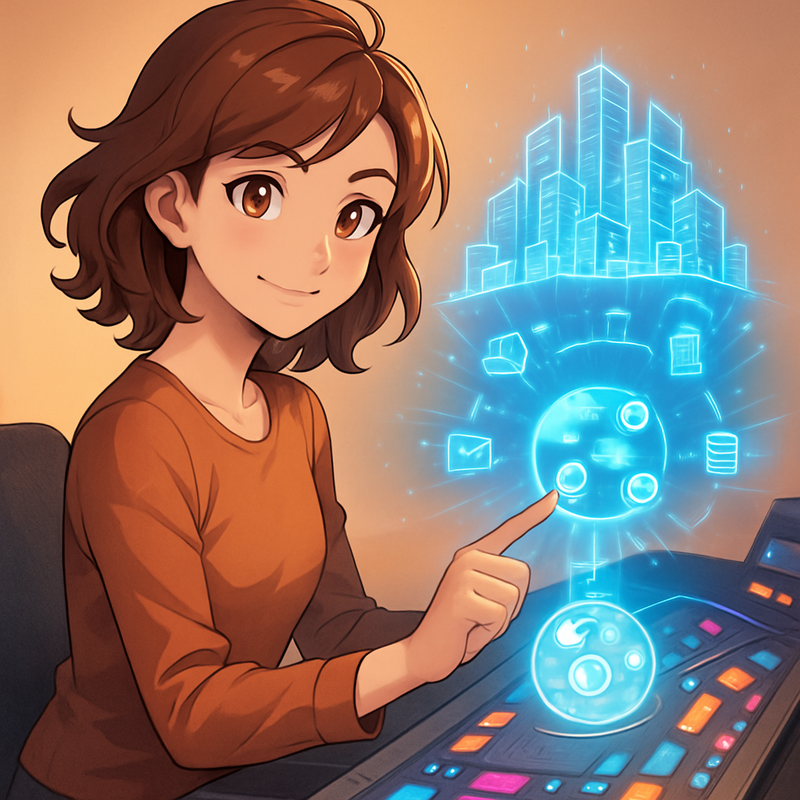 Een anime-stijl afbeelding van een vrouw die met gemak een futuristisch controlepaneel bedient. Een holografische projectie toont een groeiende digitale stad met symbolen voor website- en domeinbeheer, e-mail en databases. De sfeer is van controle en creativiteit.