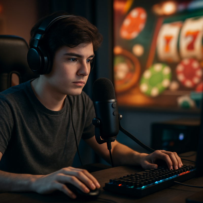 Gaming streamer achter pc met onscherpe gokbeelden op achtergrond, symboliseert regelgeving en bescherming