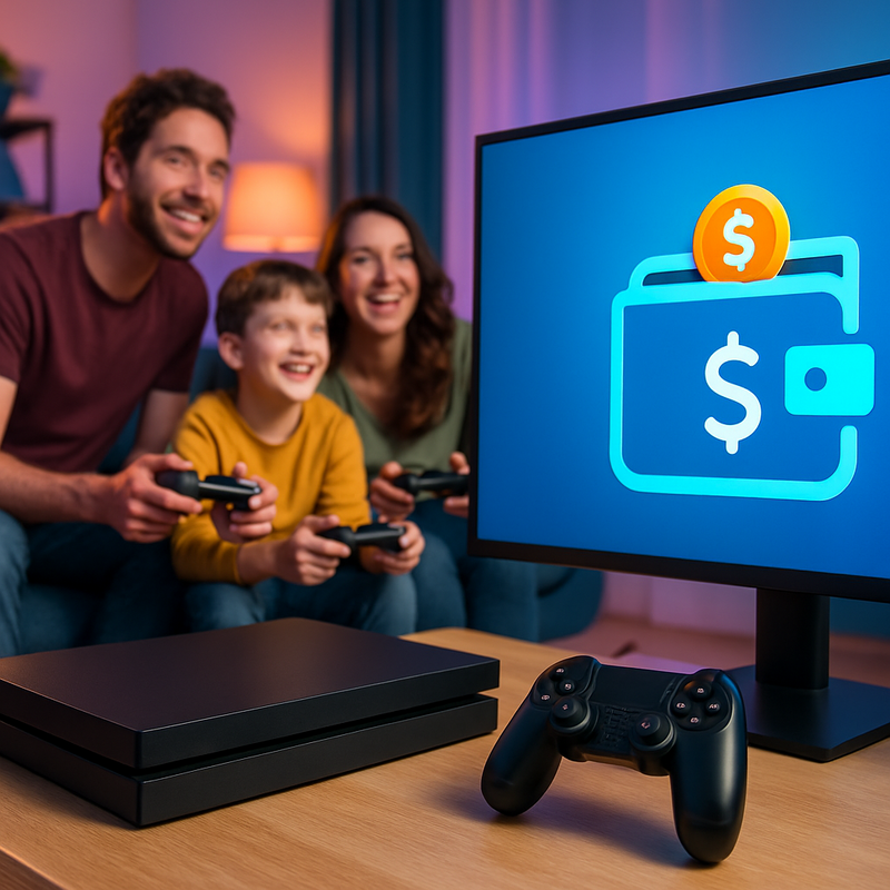Gezin gamend met moderne console en digitale besparingssymbolen