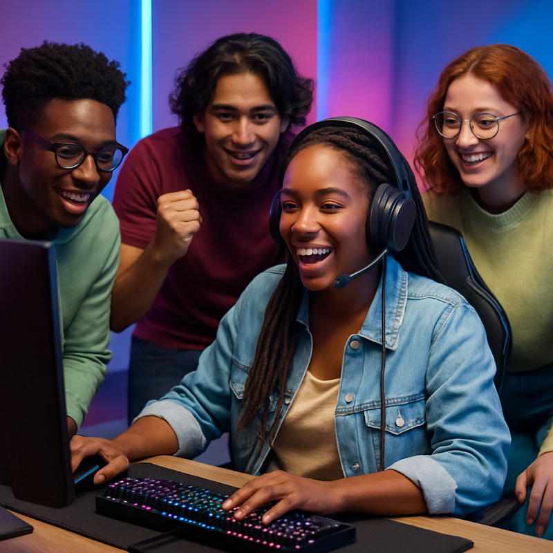 Diverse groep jonge gamers rond gaming PC met LED verlichting in moderne kamer