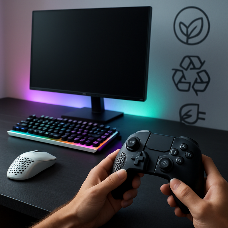 Gamer met draadloze muis, modulair toetsenbord en controller in duurzame gaming setup 2024