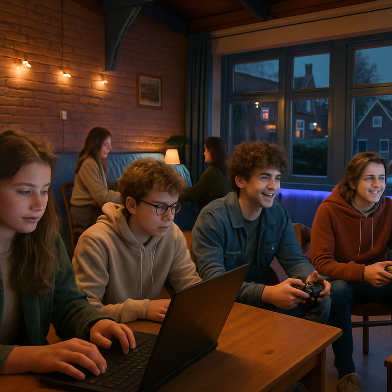 Jongeren in een dorpshuis gamen samen met laptops en consoles, sfeer met LED-verlichting