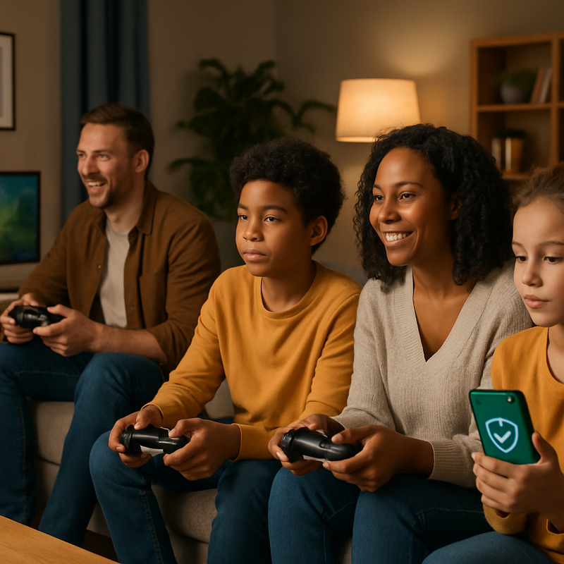 Gezin speelt veilig games en online kansspelen op verschillende apparaten thuis