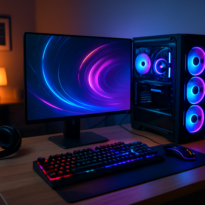 Gaming setup met hoge refresh rate monitoren, RGB toetsenbord, gaming muis en krachtige PC in sfeervolle kamer.
