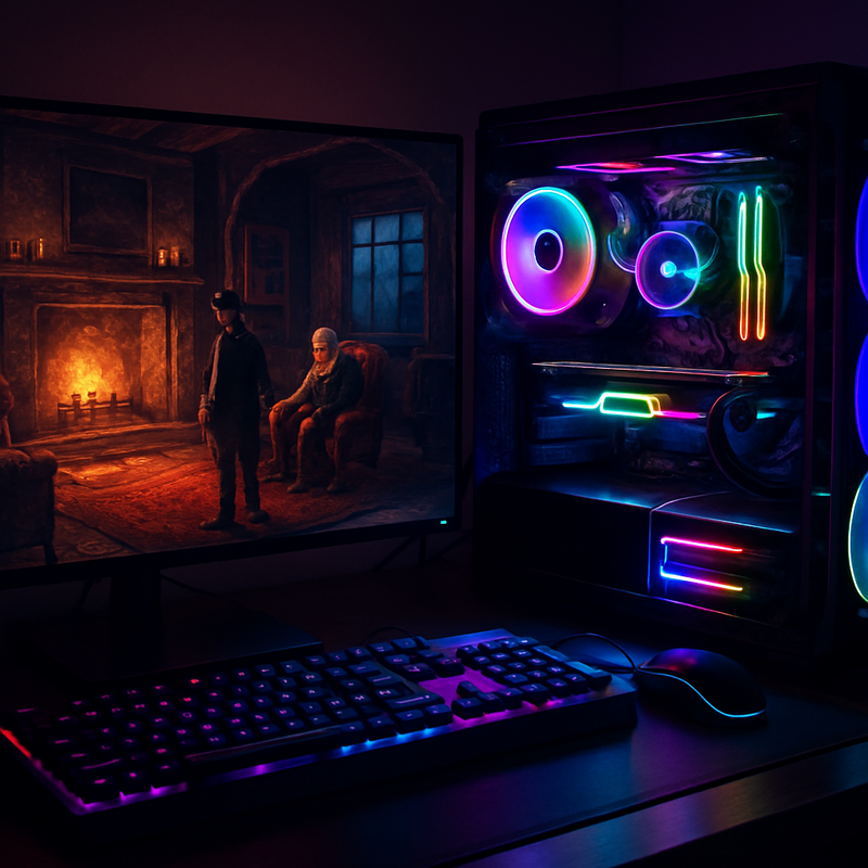 Gaming-pc met kleurrijke verlichting en gamebeelden die narratief-gedreven gameplay in 2025 toont