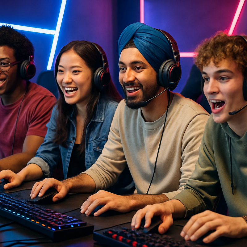 Diverse jongeren gamen samen in een kleurrijke setting als symbool voor culturele verbinding en betaalbare ontspanning