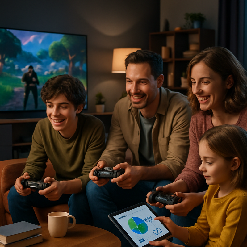 Gezin speelt games en streamt op tv met tablet naast zich om budget in de gaten te houden