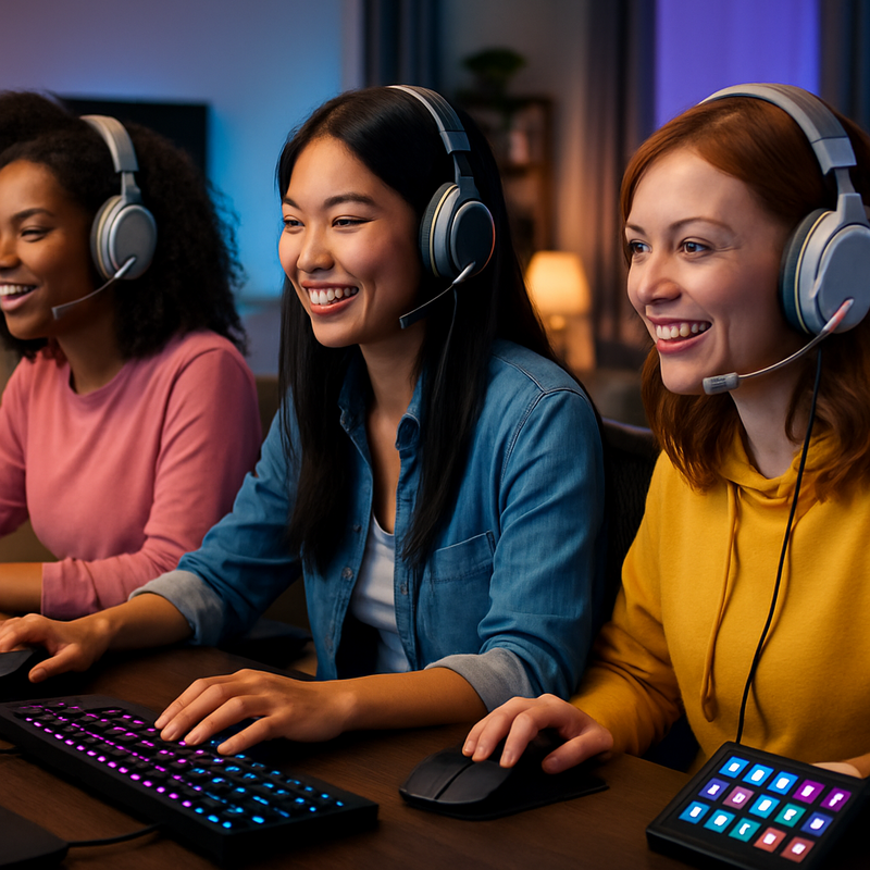 Diverse vrouwelijke gamers met ergonomische muizen en lichte headsets in een moderne game-setup