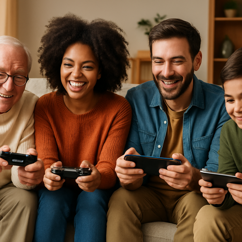 Diverse familie gamet samen in woonkamer met console, handheld en smartphone.