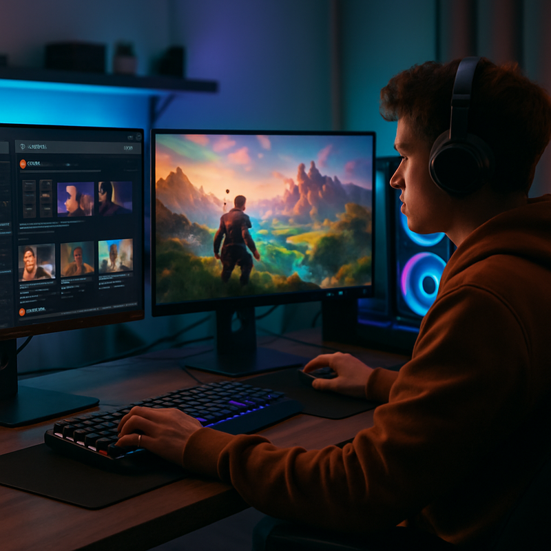 Een moderne gaming setup met social media content op schermen en een gamer die interactie heeft met platforms.