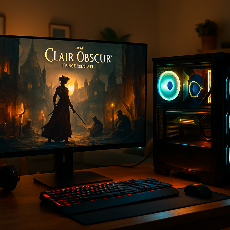 High-end gaming setup met Clair Obscur: Expedition 33 op scherm in Belle Époque stijl